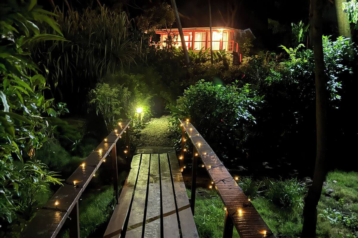Ein Holzweg führt zu einem Haus mit Lichterketten.