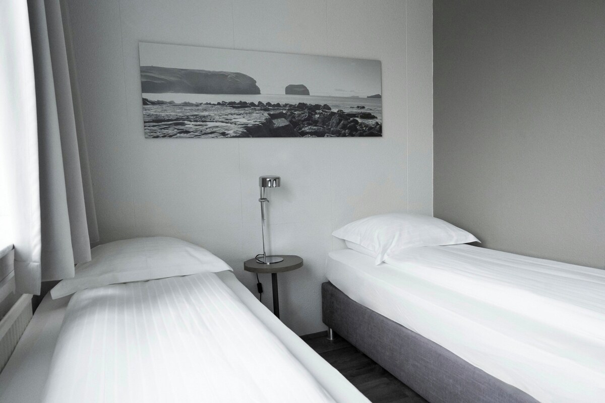 A hotel room with two single beds, a bedside table with a lamp, and a wall-mounted picture of a coastal landscape.