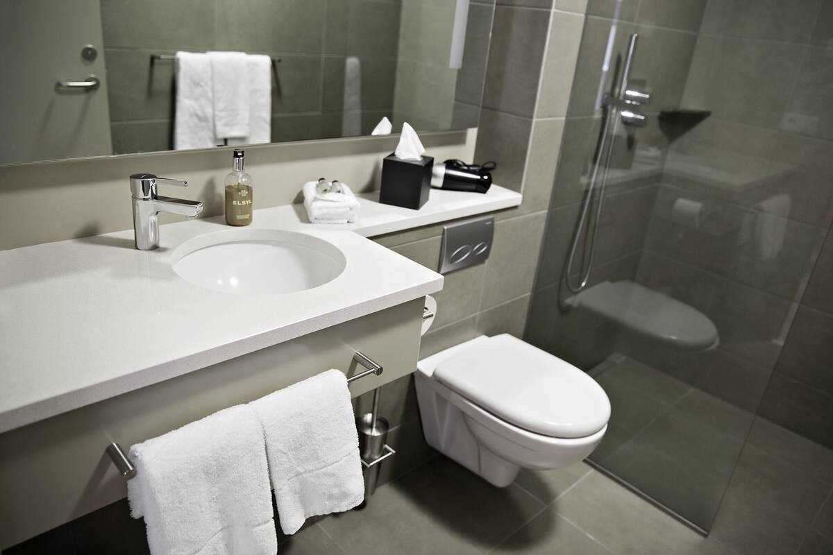 deluxe double room with spa access | bathroom | shower, hair dryer, towels