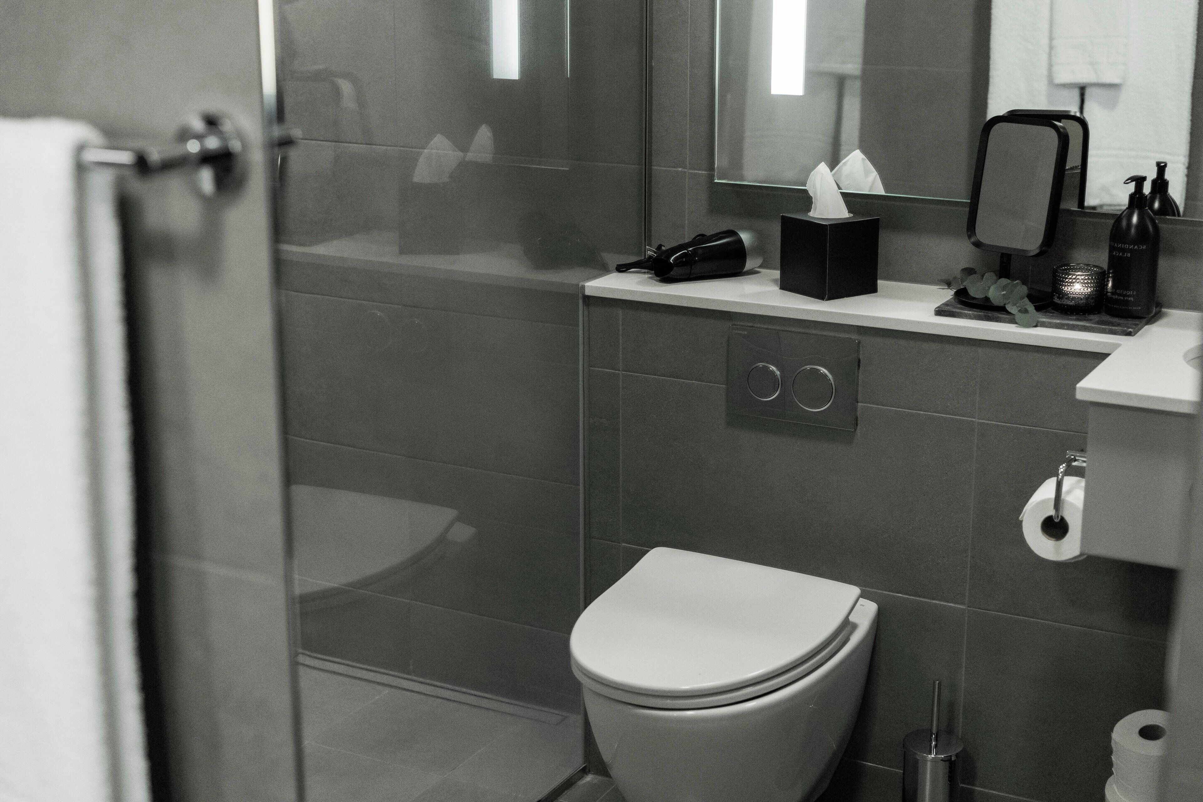 Un bagno moderno con WC, cabina doccia in vetro, lavabo con articoli da toilette e specchio.