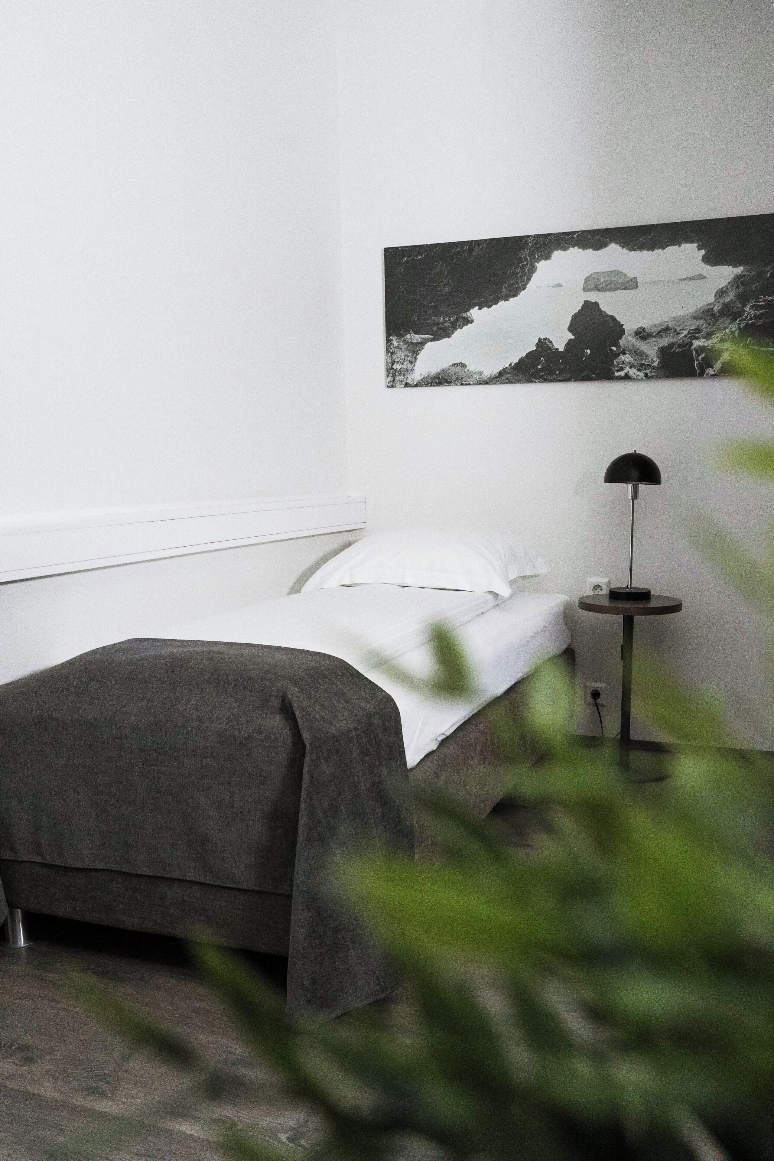 Une petite chambre avec un lit simple, un mur blanc et un tableau représentant un paysage rocheux.