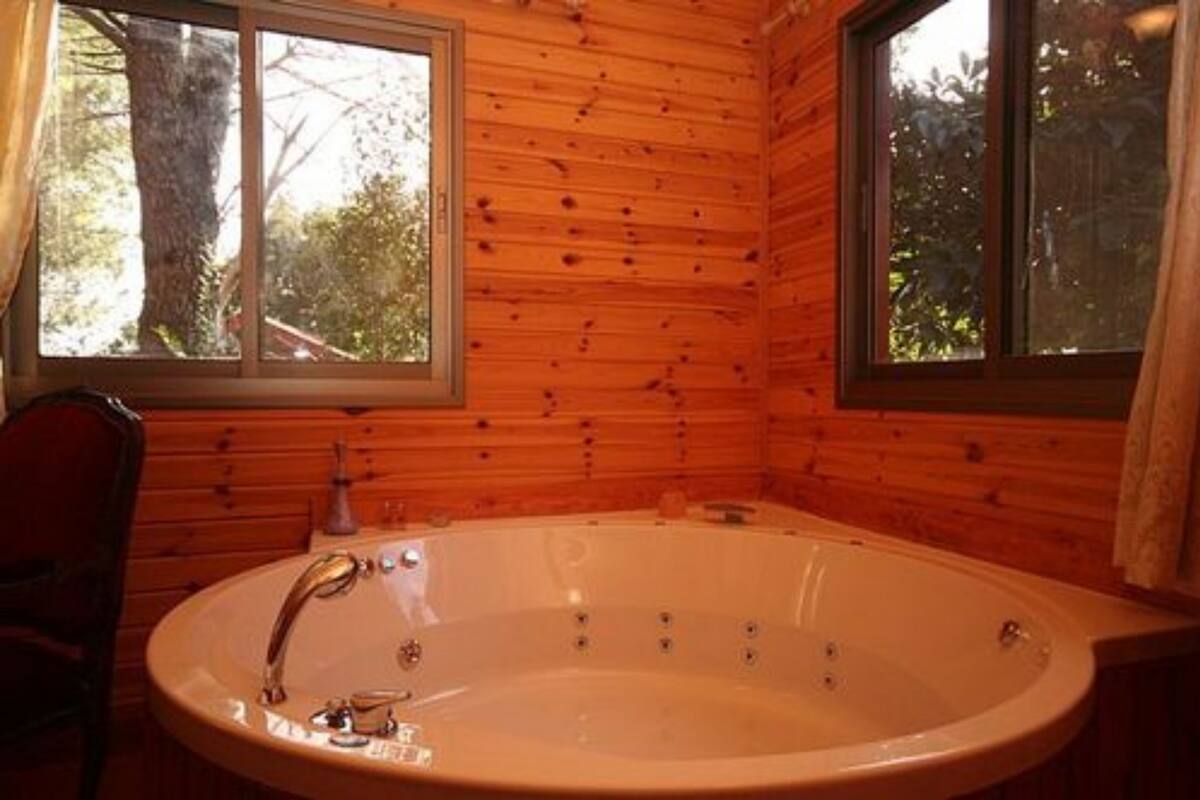 Une salle de bain rustique, située dans une cabane en bois, avec une grande baignoire, des murs en bois et des fenêtres donnant sur les arbres.