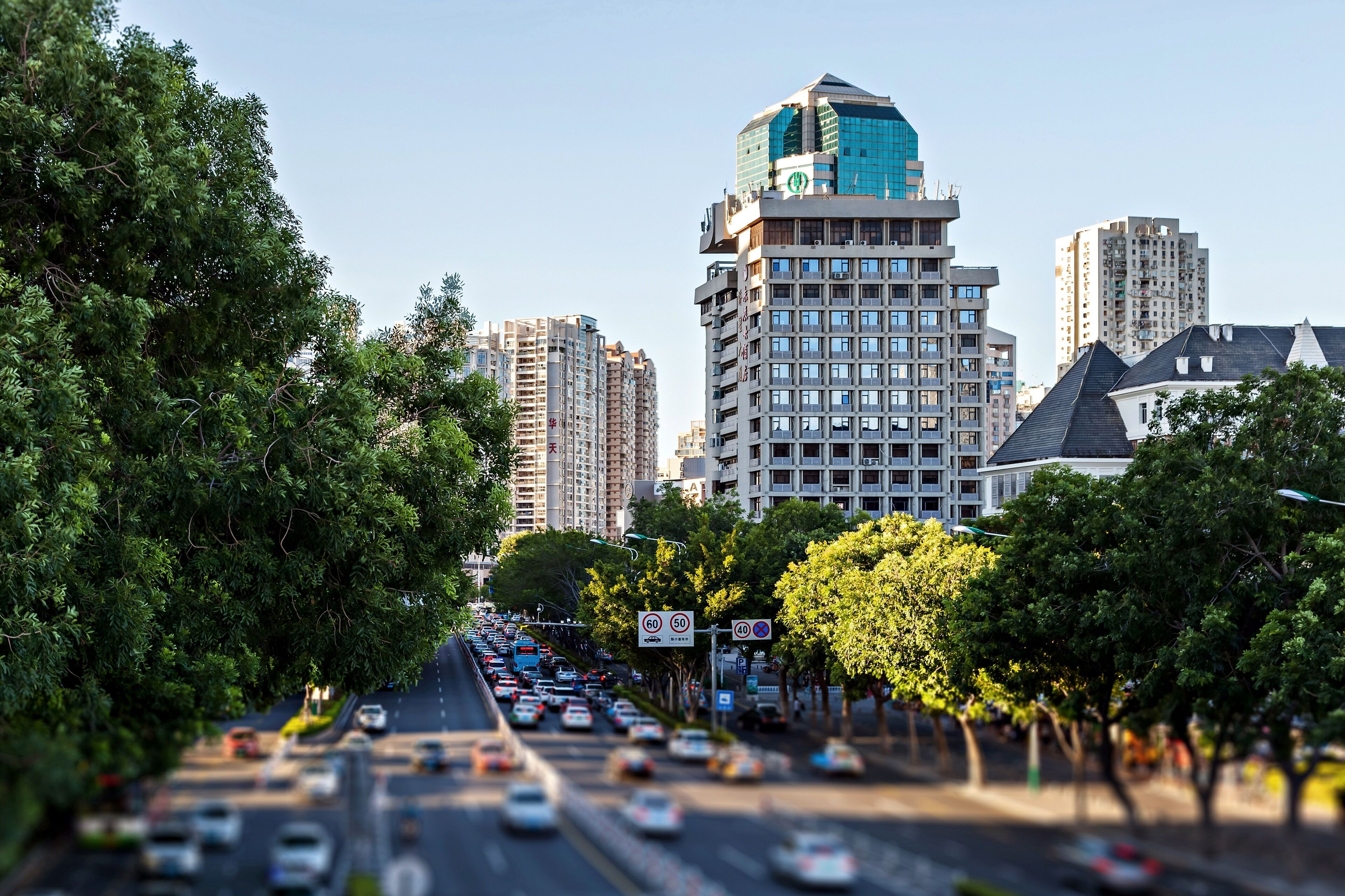 A city street lined with tall buildings, trees, and a clear sky.