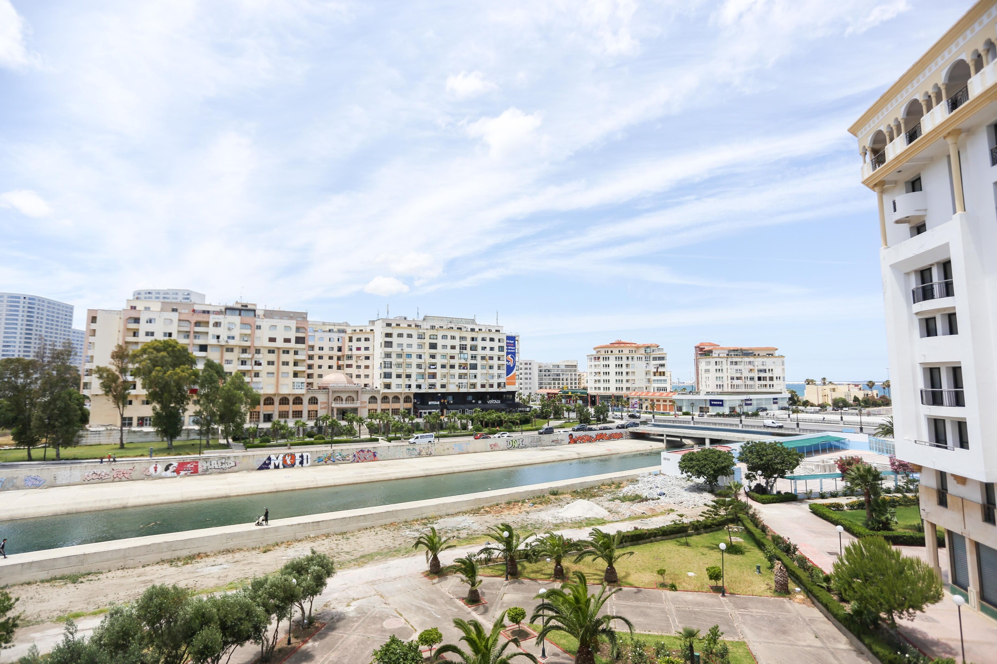 A cityscape with a river, modern buildings, and a park area with palm trees.
