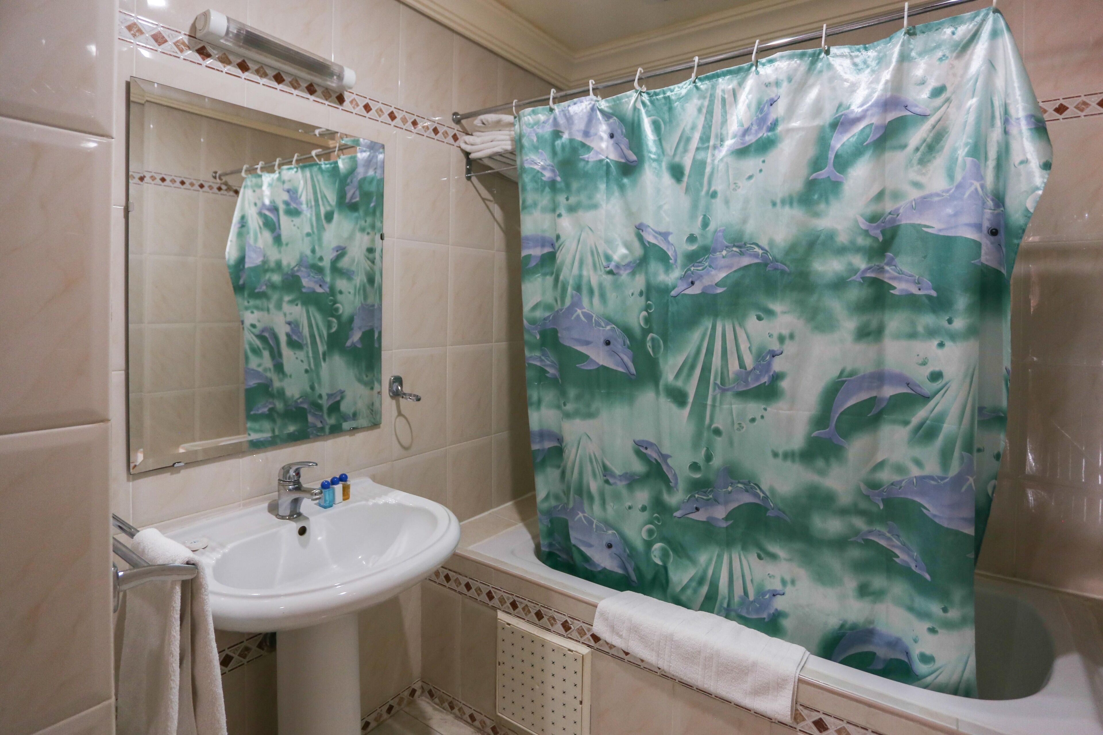 Een badkamer met een witte wastafel, een spiegel en een douchegordijn met dolfijnenprint.
