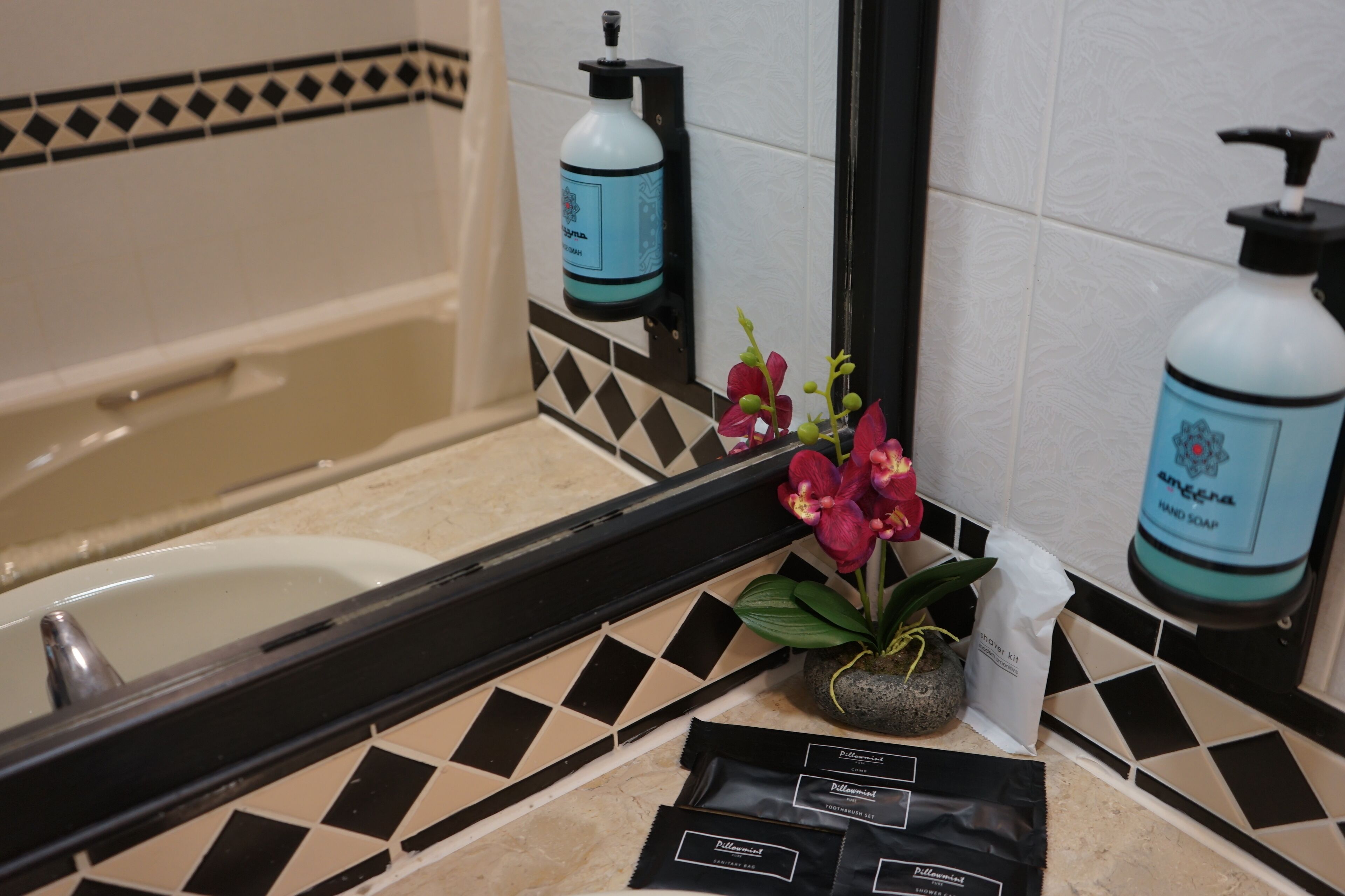 A bathroom with a bathtub, a sink, a mirror, a potted orchid, and toiletries.