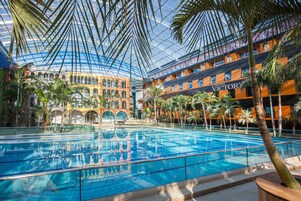 Un hotel con una amplia piscina interior, palmeras y techo de cristal.