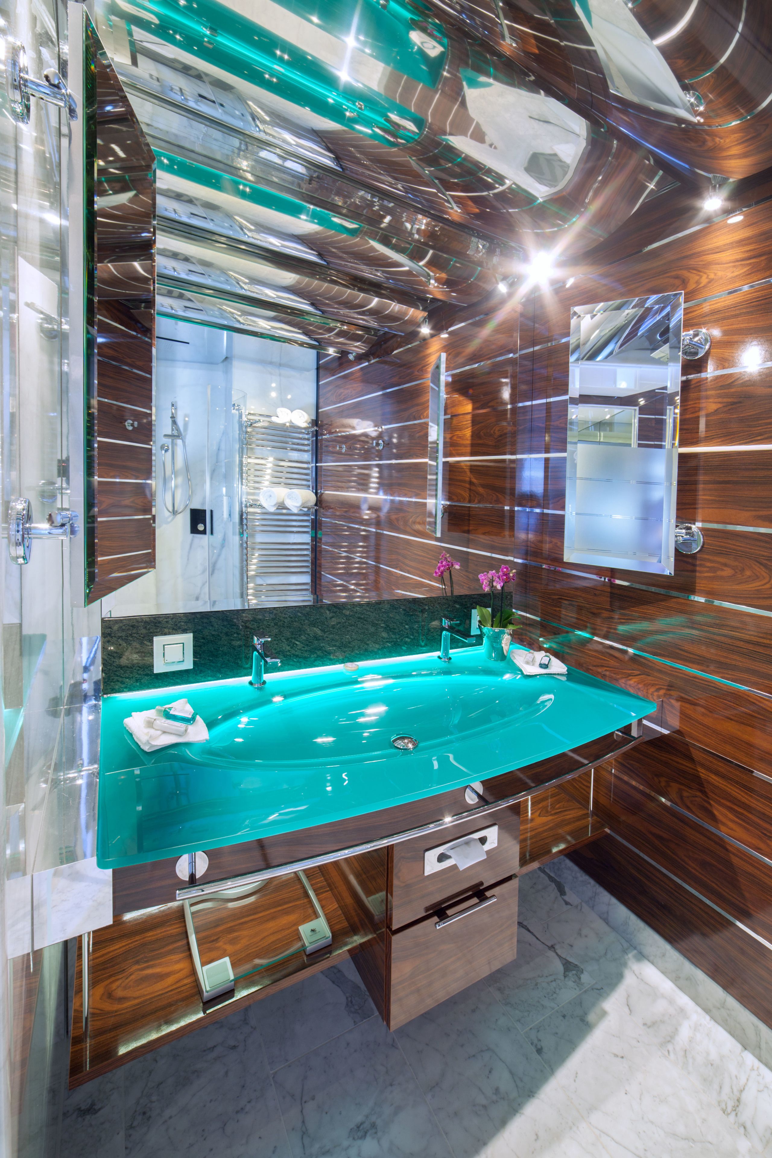 shower, rainfall showerhead, designer toiletries, hair dryer