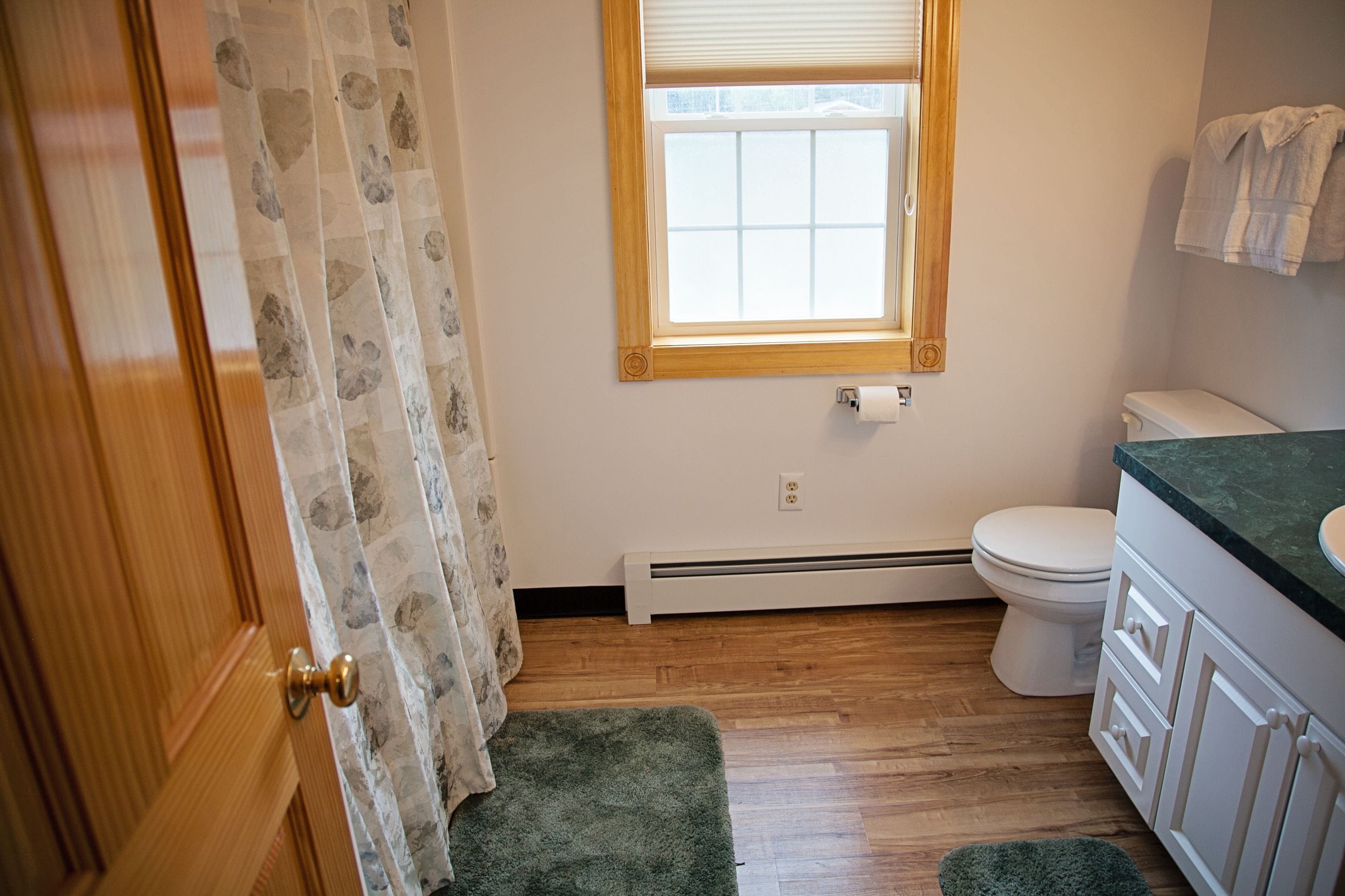 Une salle de bain avec une porte en bois, une fenêtre avec un cadre en bois, des toilettes blanches, un meuble blanc et un tapis vert.