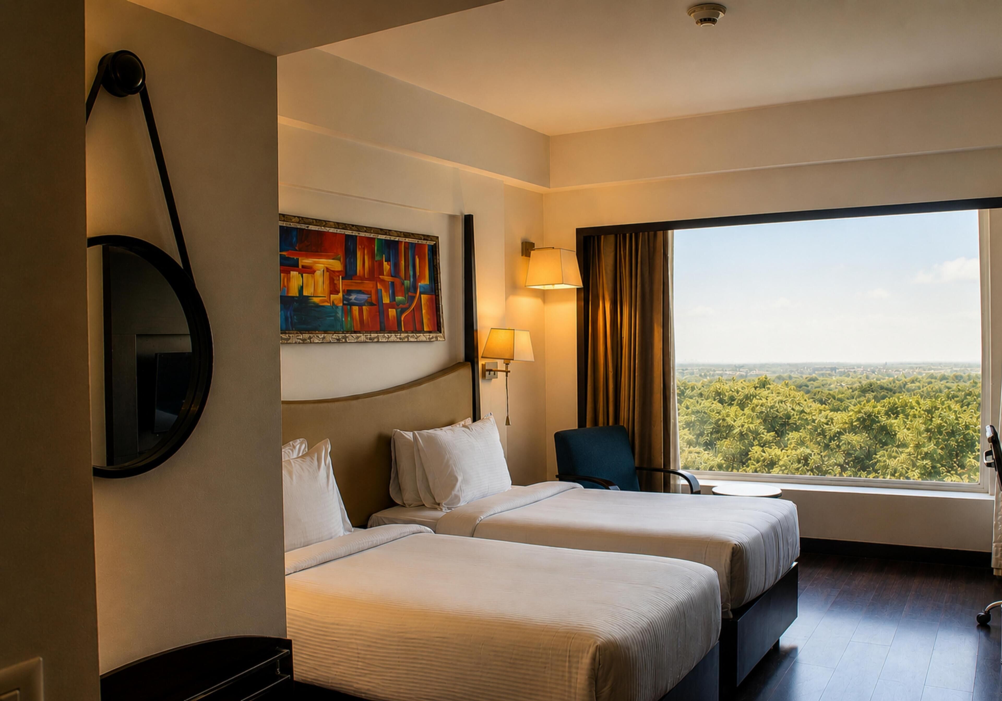 A hotel room with two beds, a painting, a lamp, a chair, and a large window with a view.