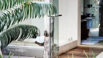 A modern bathroom with a glass door, a wooden floor, and a small plant.