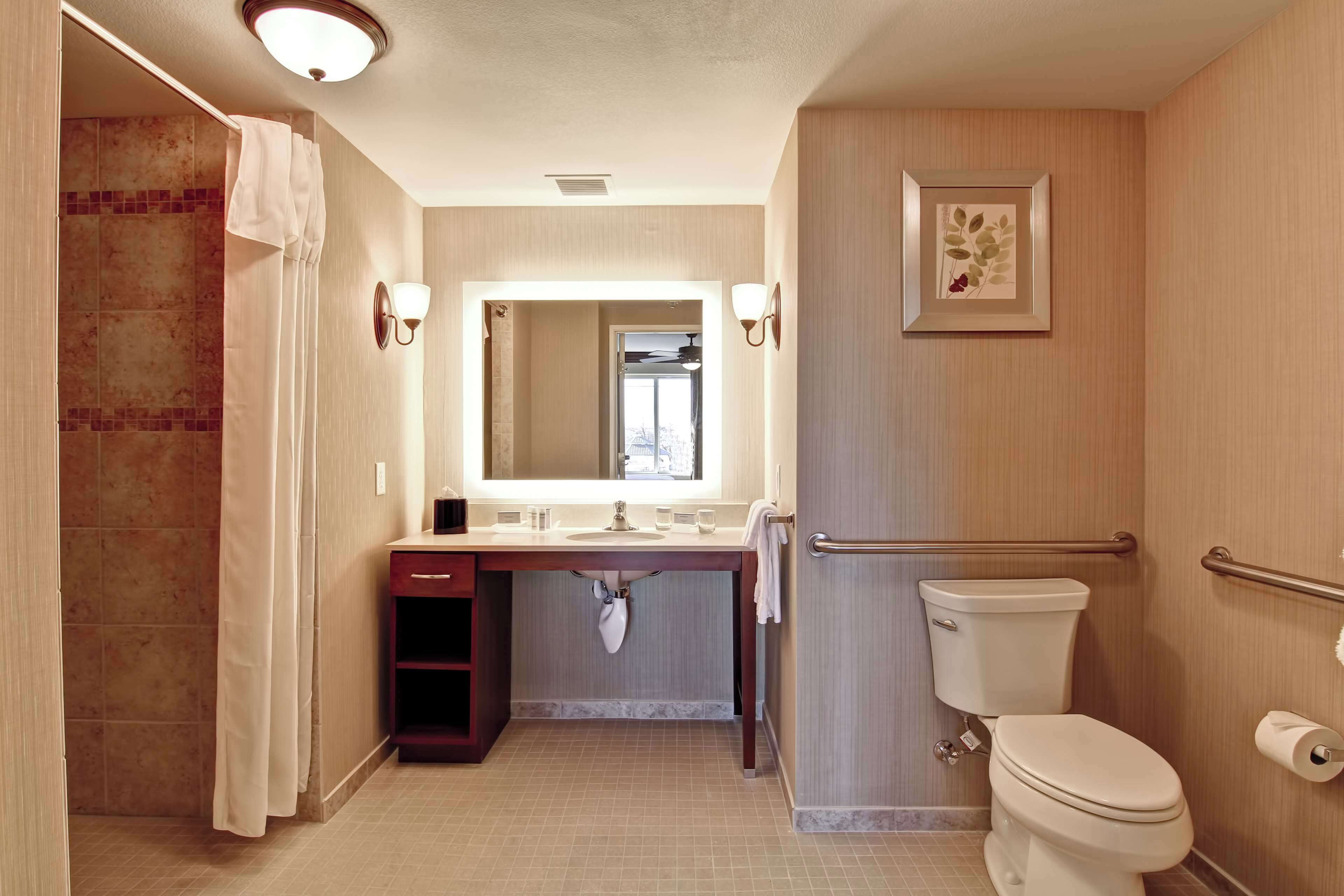 A bathroom with a shower, toilet, sink, and vanity.