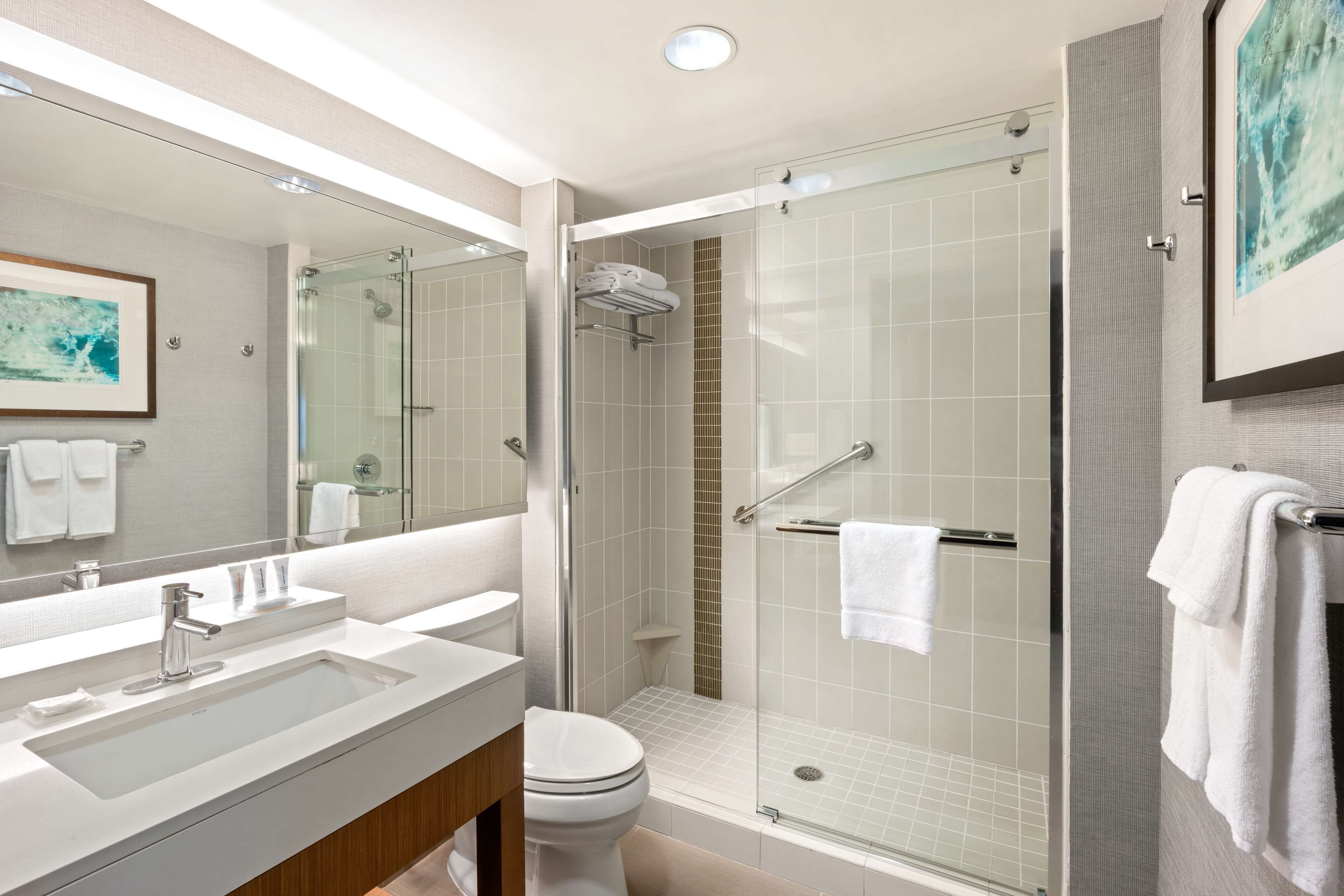 combined shower/bathtub, designer toiletries, hair dryer, towels