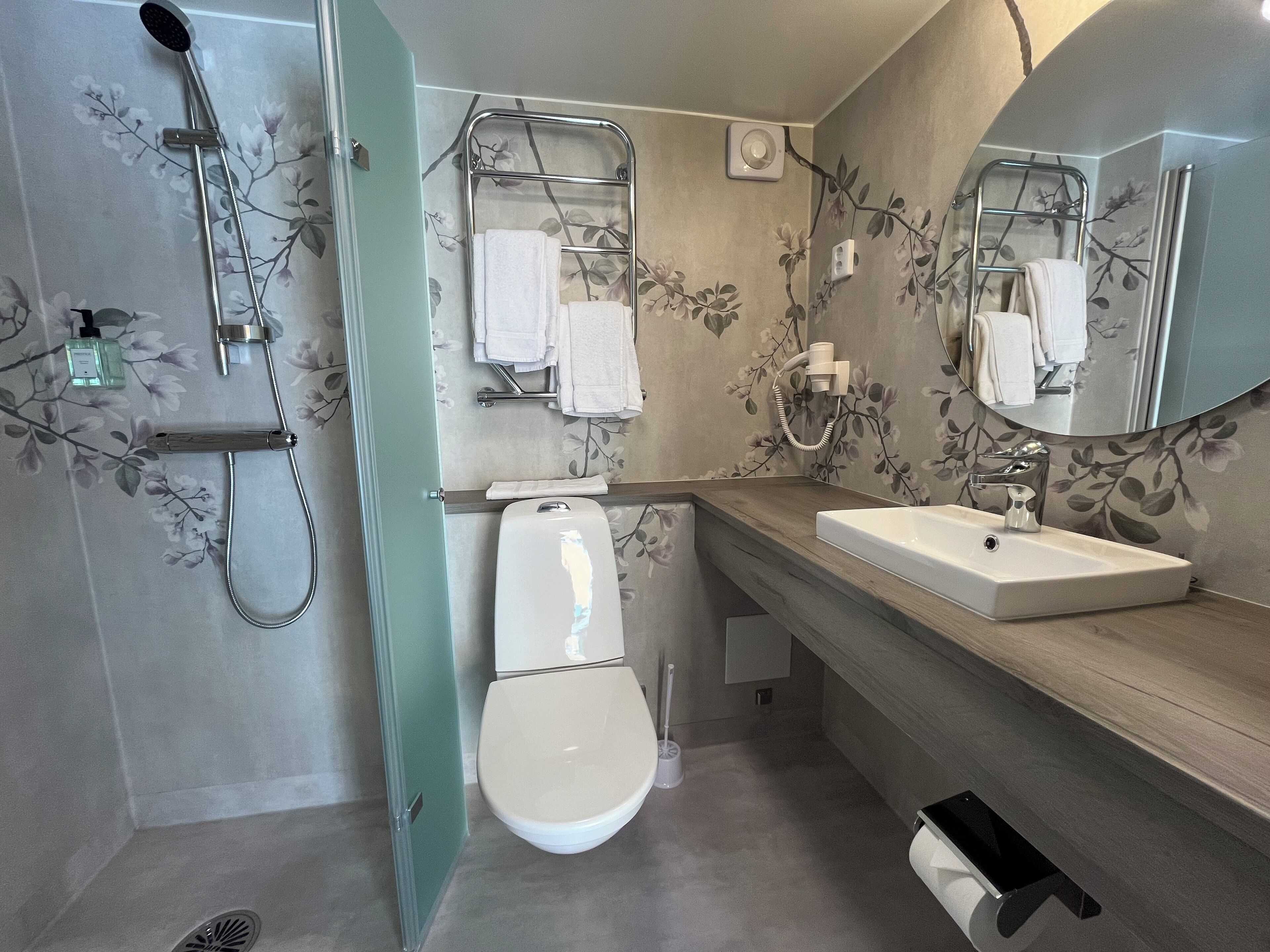 standard cabin | bathroom | shower, hair dryer, towels