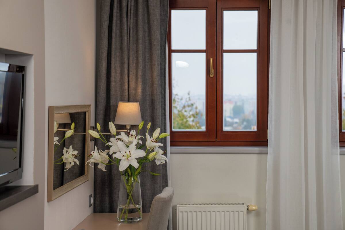 A room with a bed, a bedside table with a lamp and flowers, a window with curtains, and a view of the city.