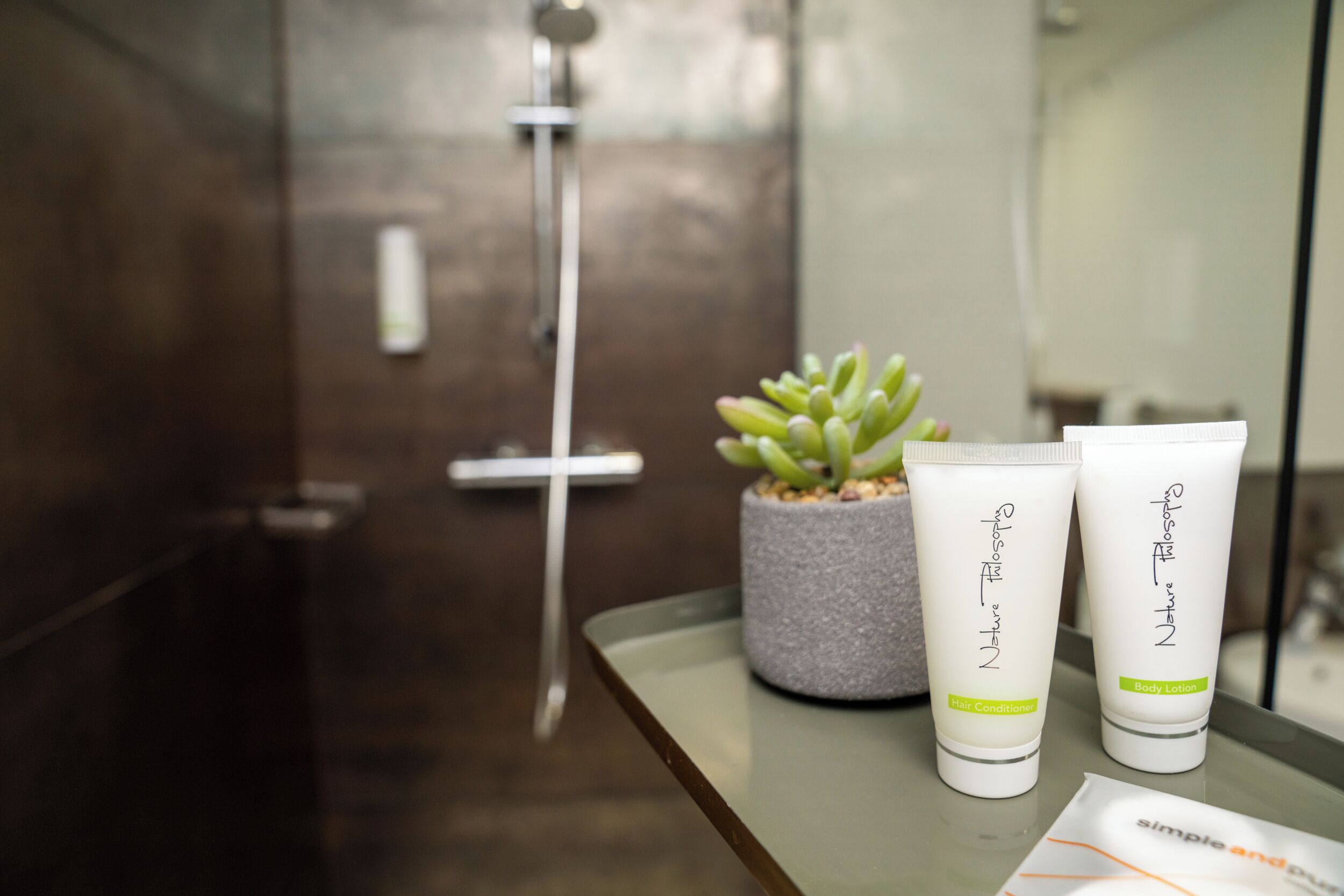 A bathroom with a shower, a potted plant, and two bottles of lotion on a counter.