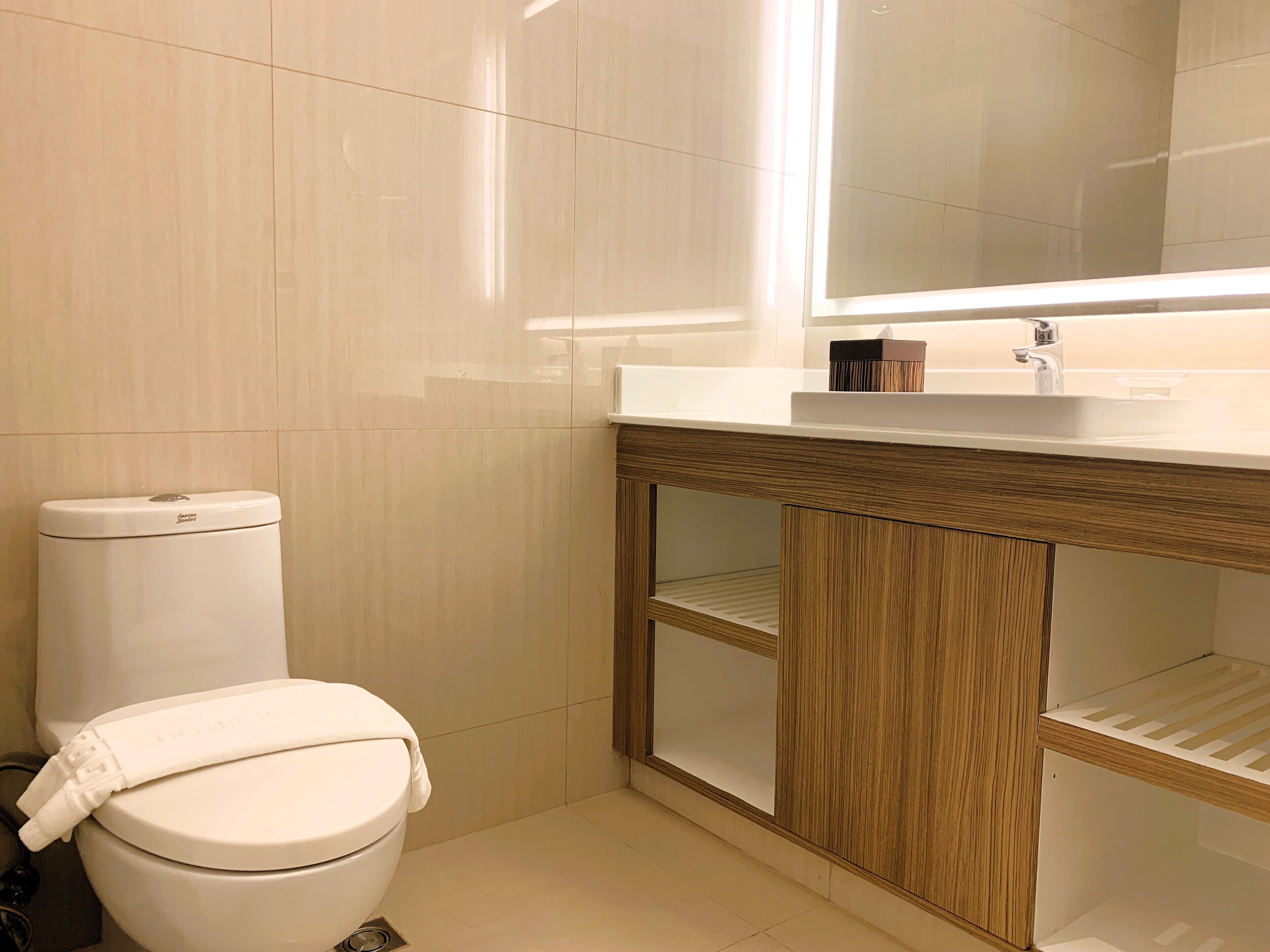 A modern bathroom with a toilet, a sink, and a mirror.
