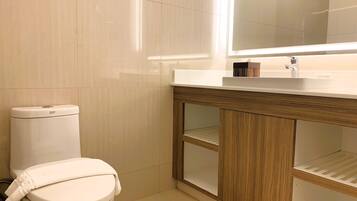 A modern bathroom with a toilet, a sink, and a mirror.