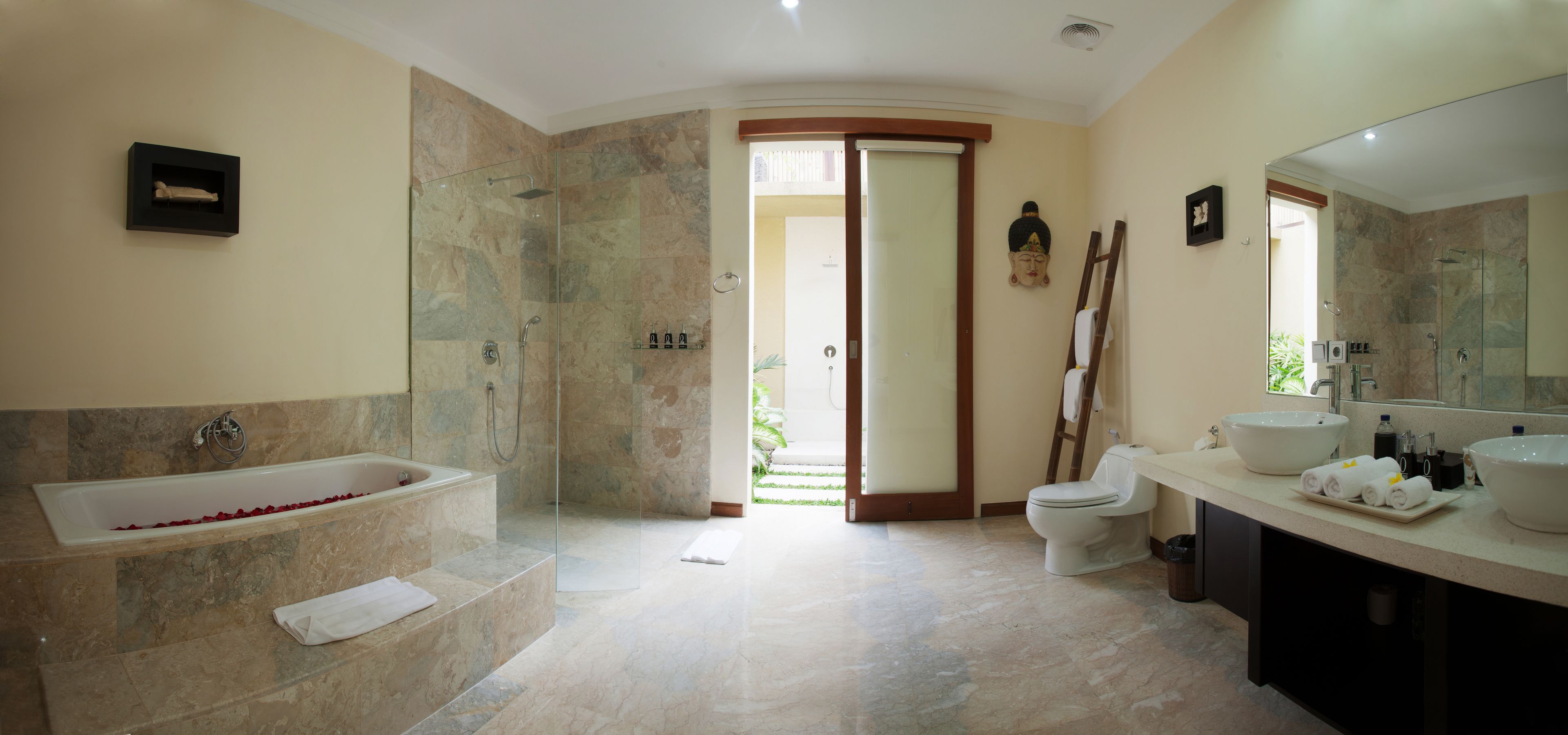 free toiletries, hair dryer, bidet, towels