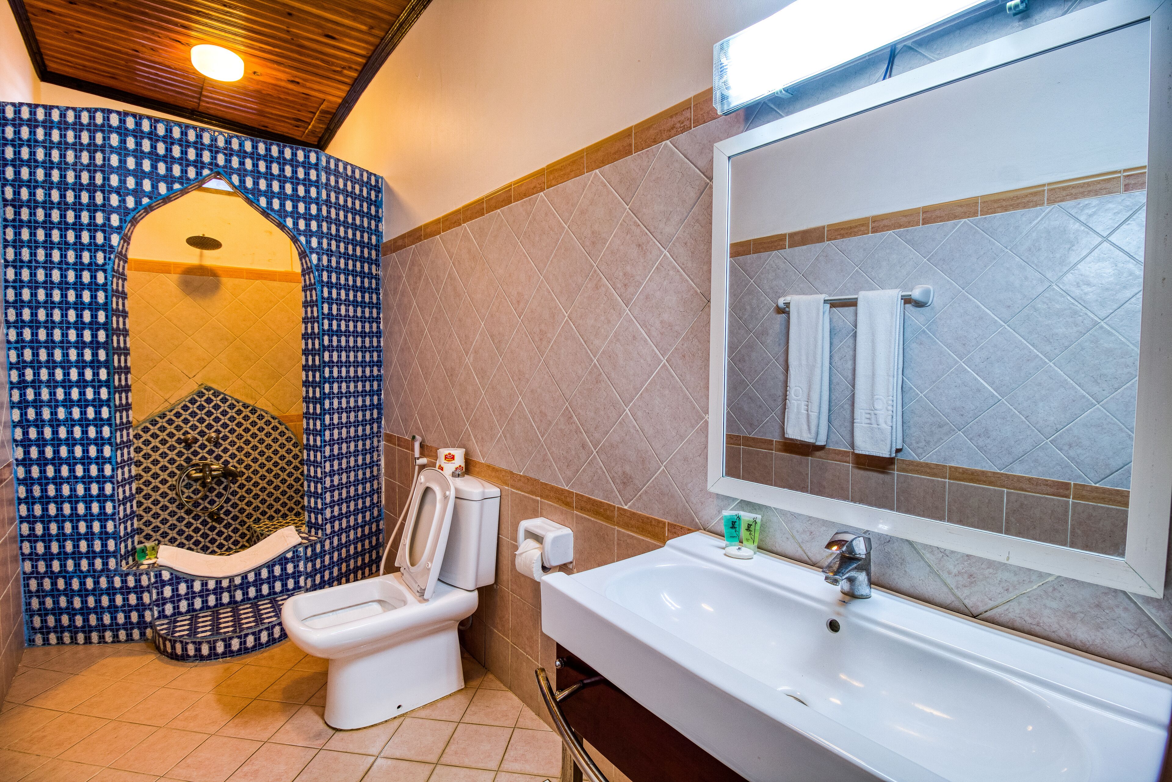 Une salle de bain avec des toilettes, un lavabo et un miroir.