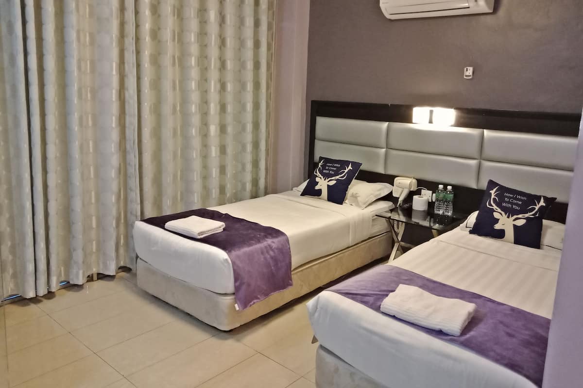 Habitación de hotel con dos camas, una mesita de noche, un equipo de aire acondicionado y una cortina.