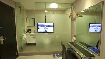 Shower, free toiletries, hair dryer, slippers