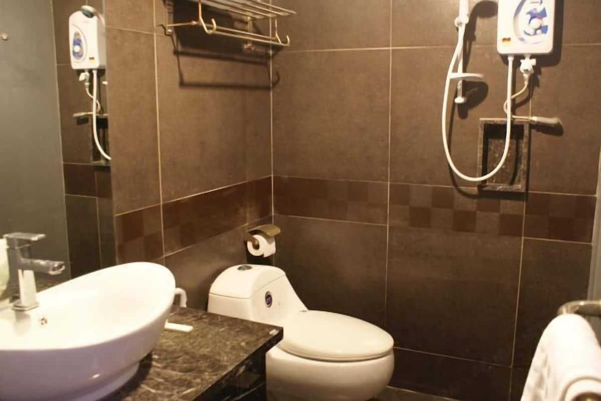 Shower, free toiletries, hair dryer, towels