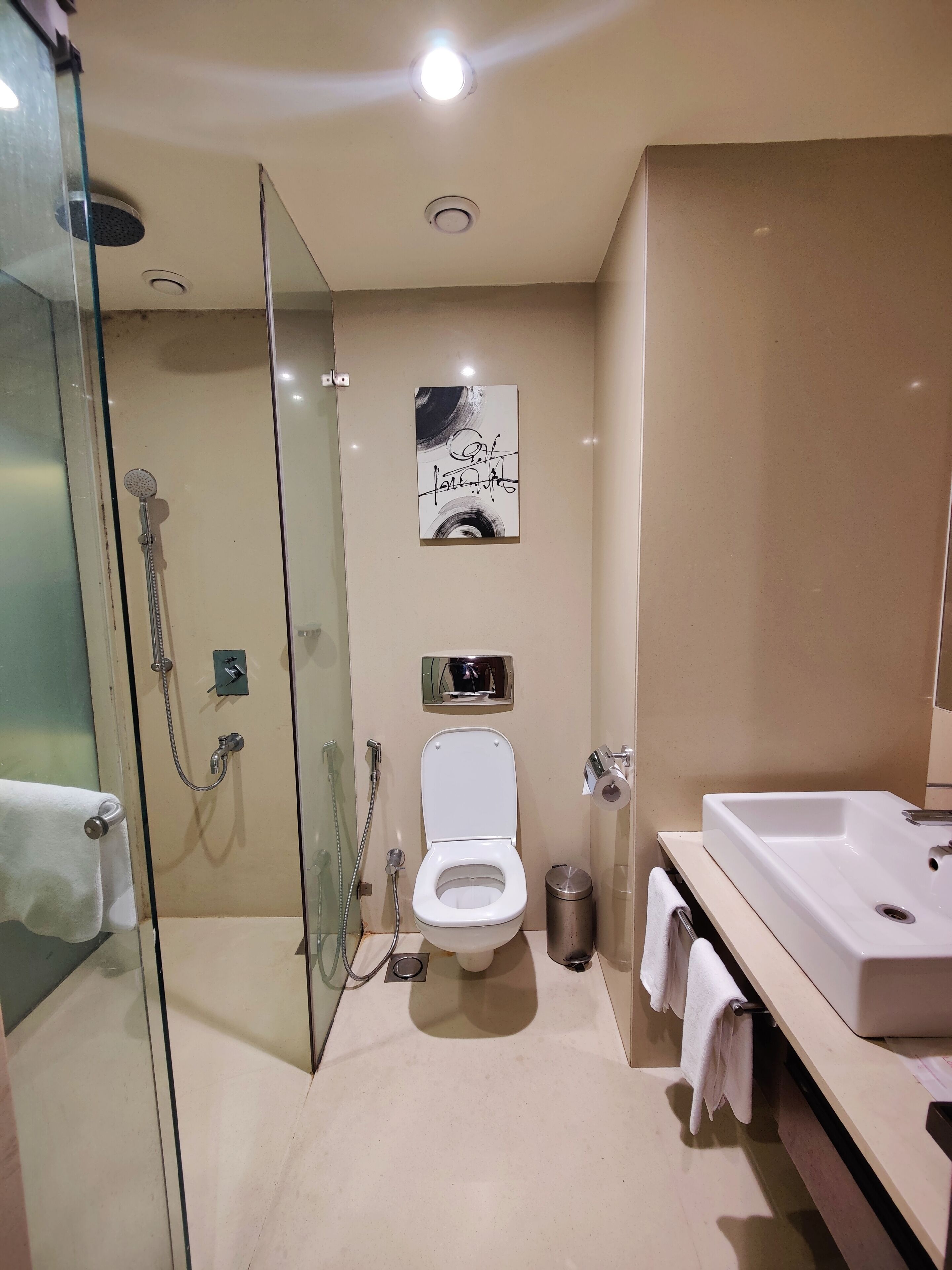 Un baño moderno con ducha de vidrio, inodoro blanco y lavamanos con espejo.