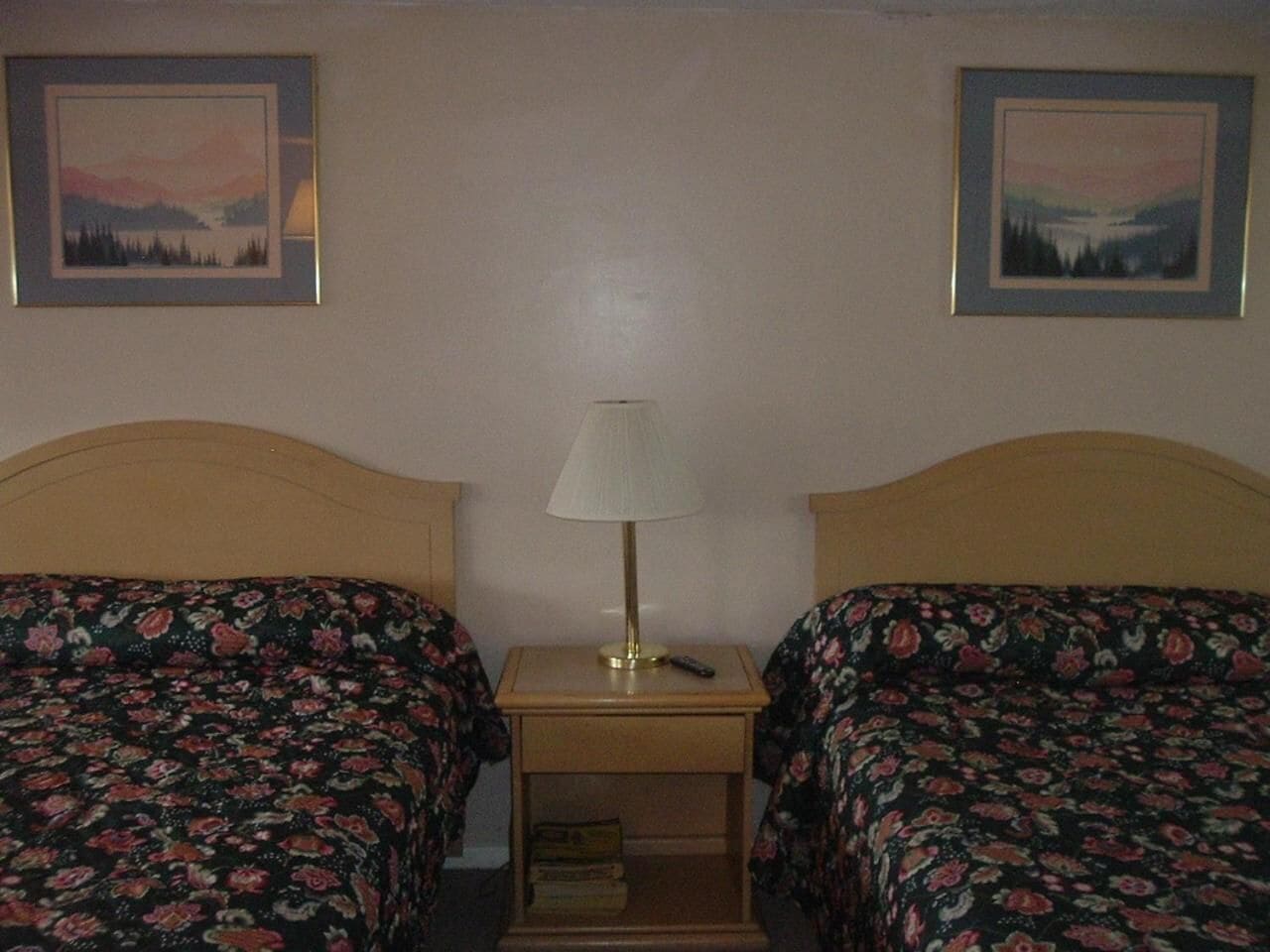 A room with two beds, each with floral bedding, a bedside table with a lamp, and framed pictures on the wall.