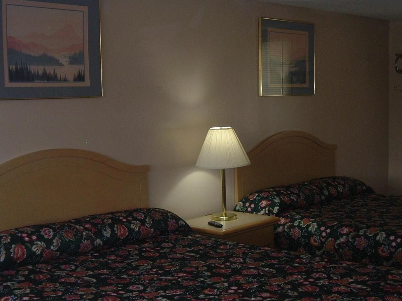 Una camera d'albergo con due letti, entrambi con biancheria a fiori, un comodino con una lampada e quadri appesi alle pareti.