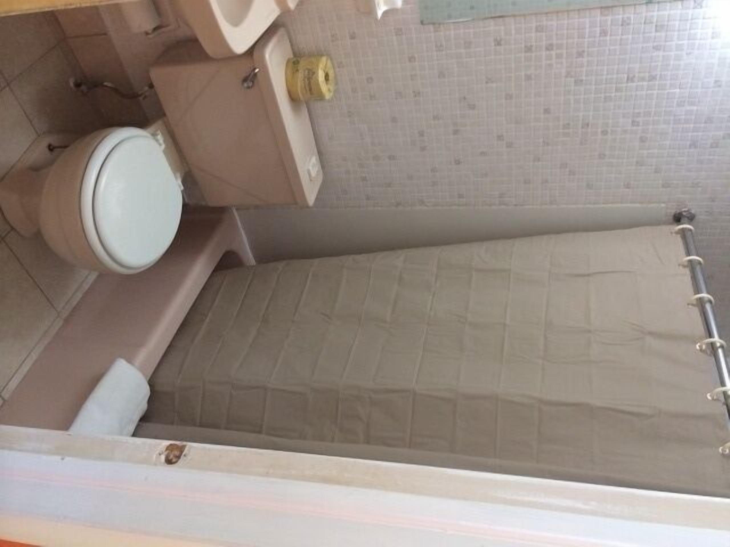 Een kleine badkamer met één ruimte, met toilet, wastafel en douche.