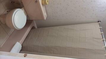 Een kleine badkamer met één ruimte, met toilet, wastafel en douche.