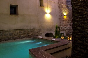 Indoor pool, outdoor pool, open 12:30 PM to 8:00 PM, pool umbrellas