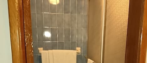 A bathroom with a shower, tiled walls, a visible towel rack, and a door.