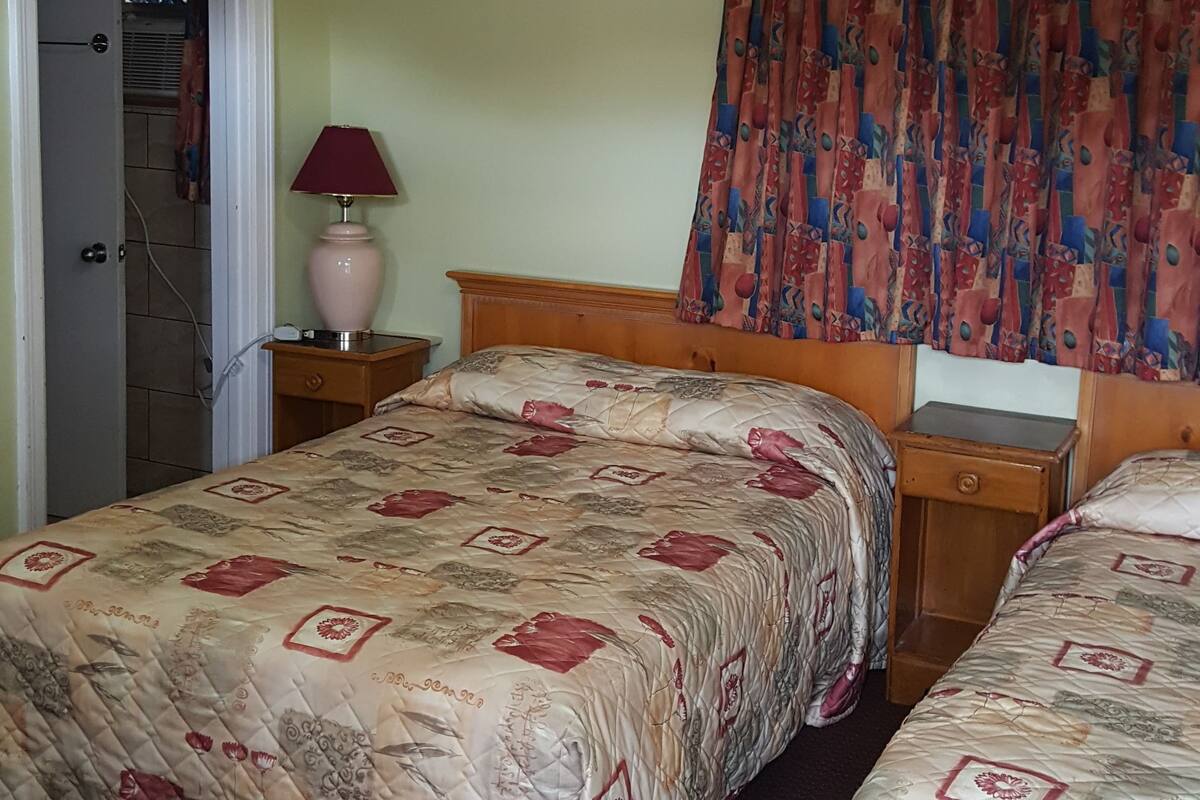 A hotel room with two beds, a nightstand with a lamp, a shower area, and a curtain with a floral pattern.