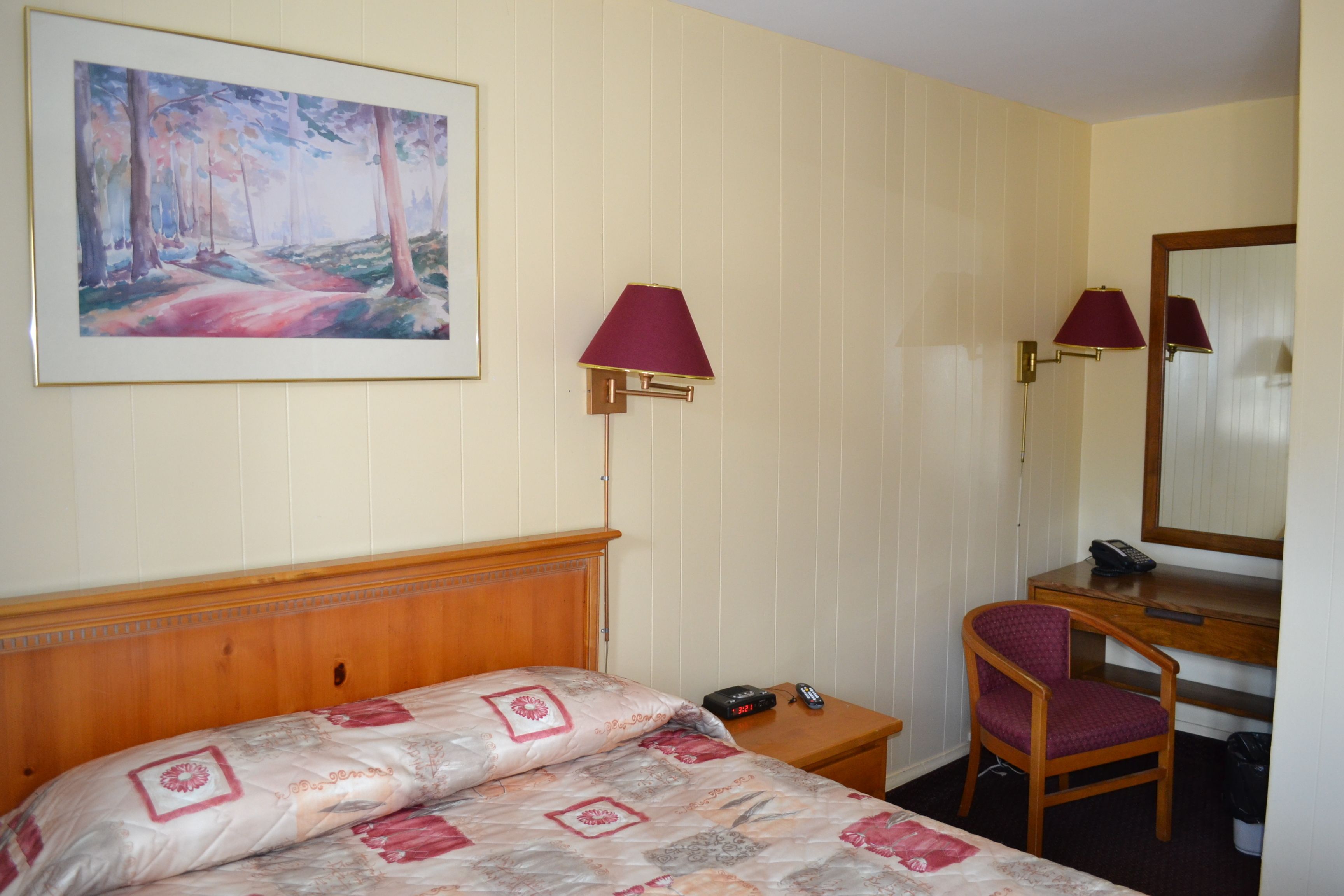 Une chambre d’hôtel avec une tête de lit en bois, un lit avec une literie à motifs, un bureau avec une chaise, un téléphone et un tableau encadré au mur.