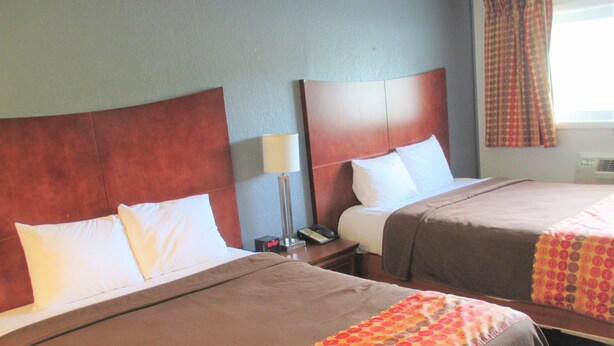 Quarto de hotel com duas camas, cada uma com roupa de cama marrom e almofadas brancas. Há uma mesa de cabeceira com abajur e telefone entre as camas.