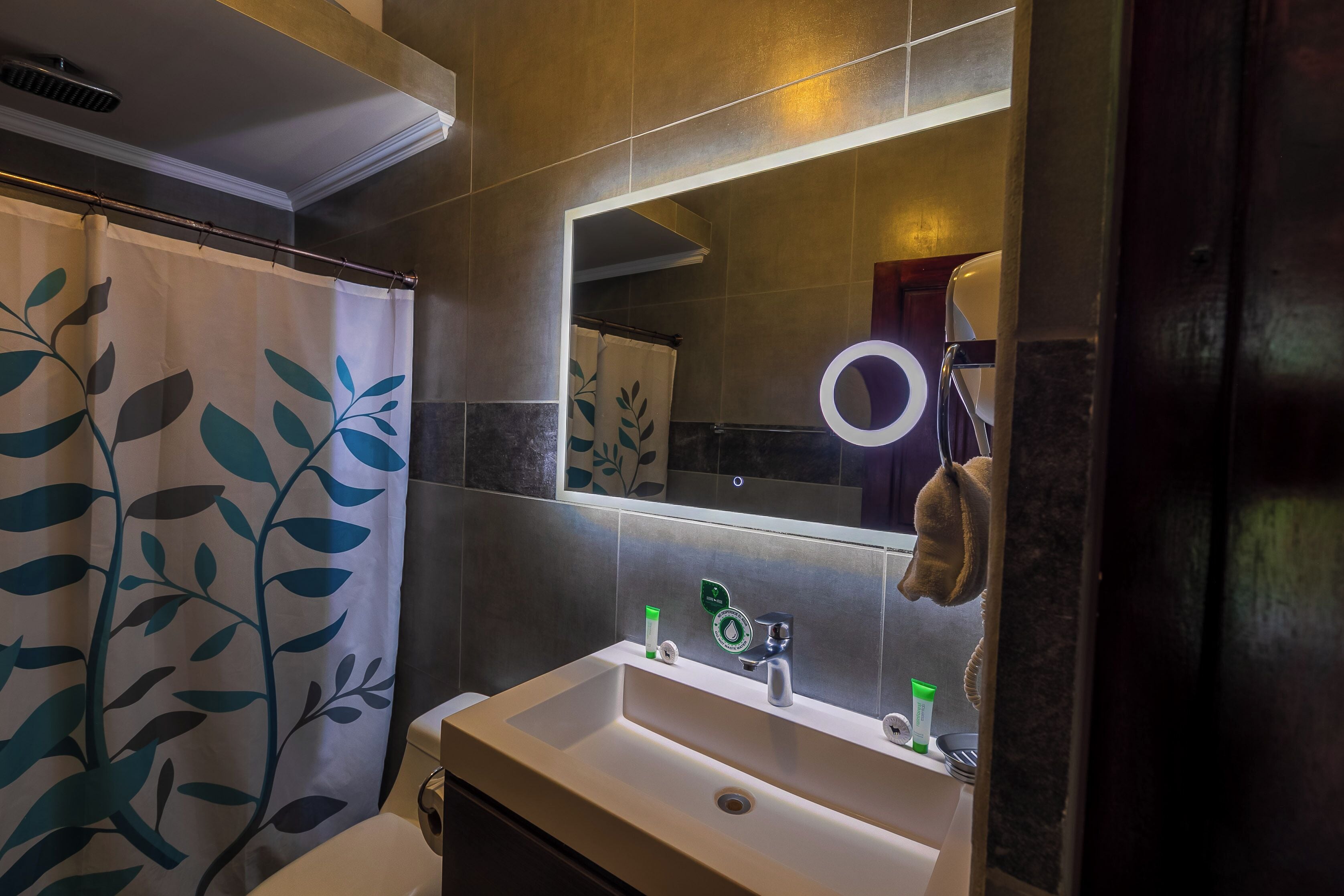 double room | bathroom | shower, rainfall showerhead, hair dryer, towels