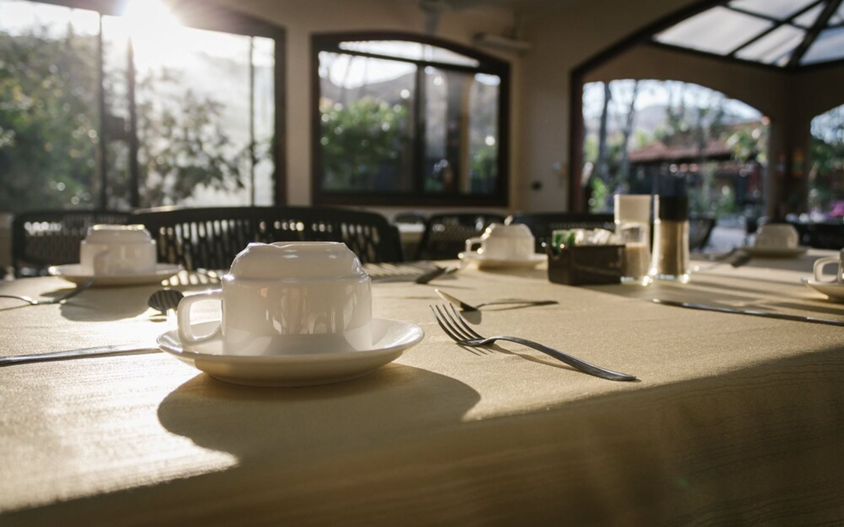 A dining table set with white cups, saucers, and cutlery, with a view of greenery outside.