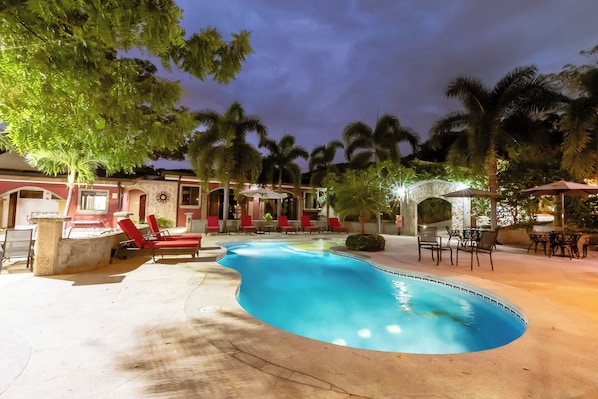 Outdoor pool, pool umbrellas, pool loungers