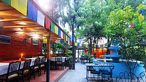 Un espace de restauration en plein air, avec des tables et des chaises, entouré d’arbres et décoré de drapeaux colorés.