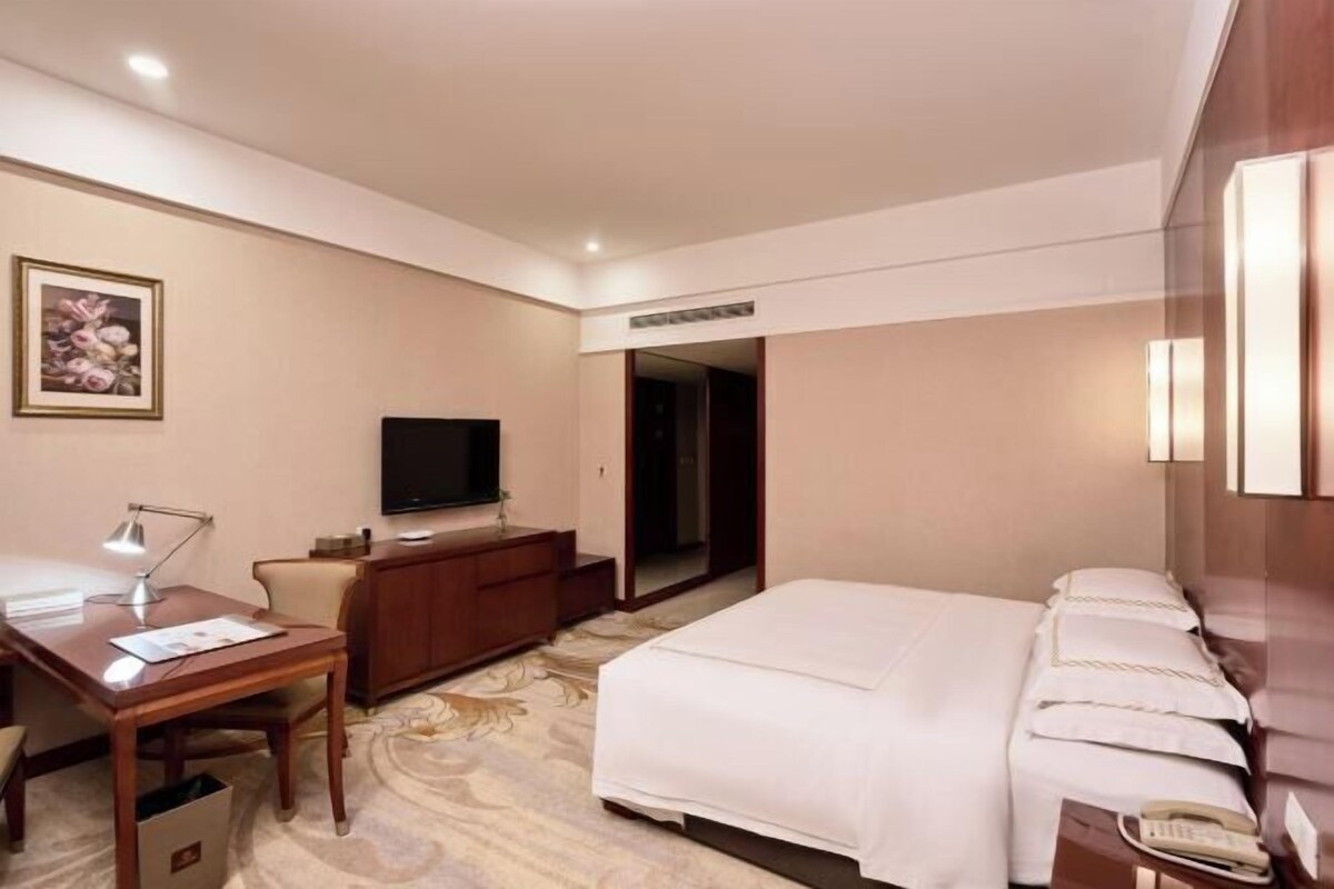 A hotel room with a bed, desk, chair, television, and a mirror.