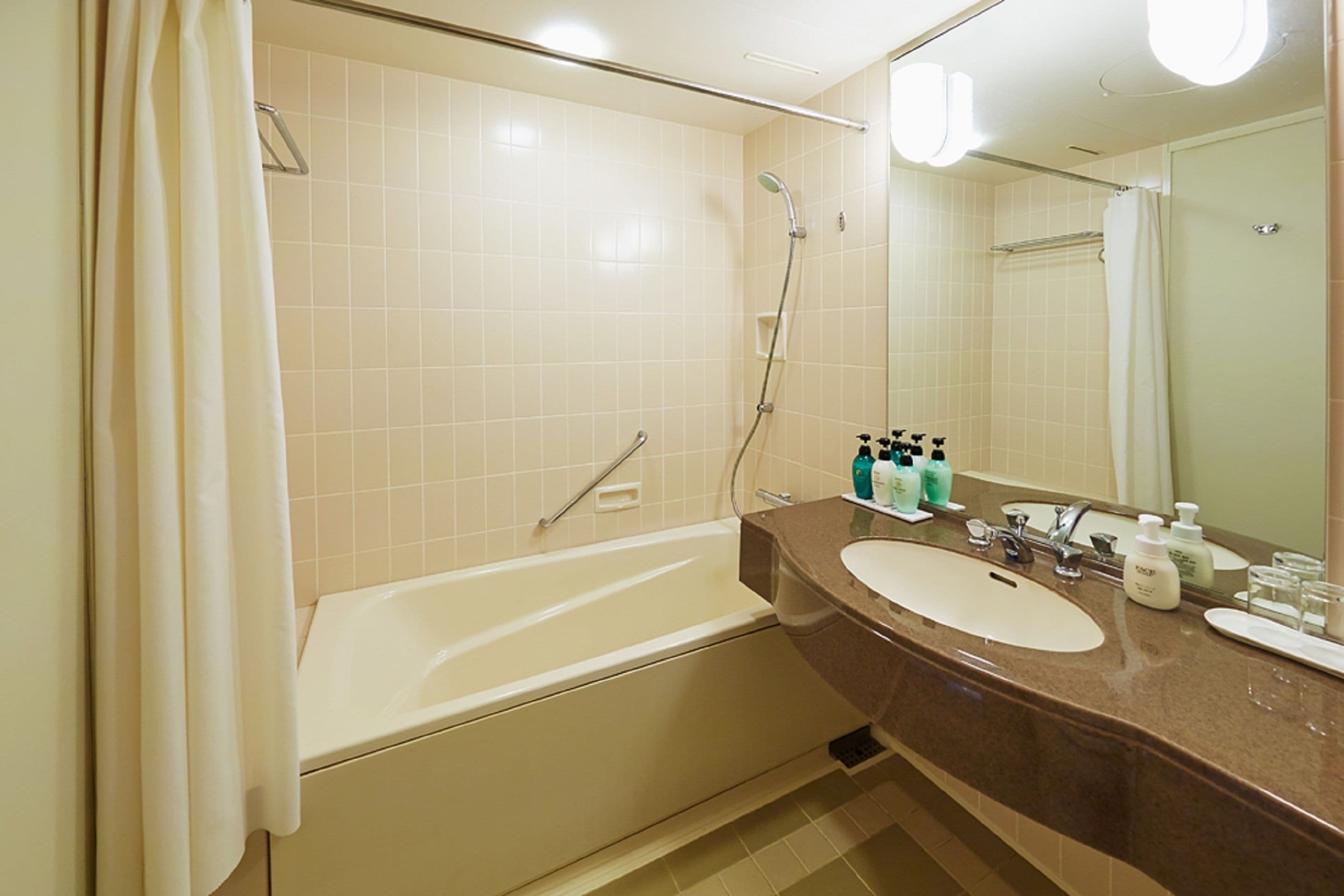 combined shower/bathtub, free toiletries, hair dryer, slippers