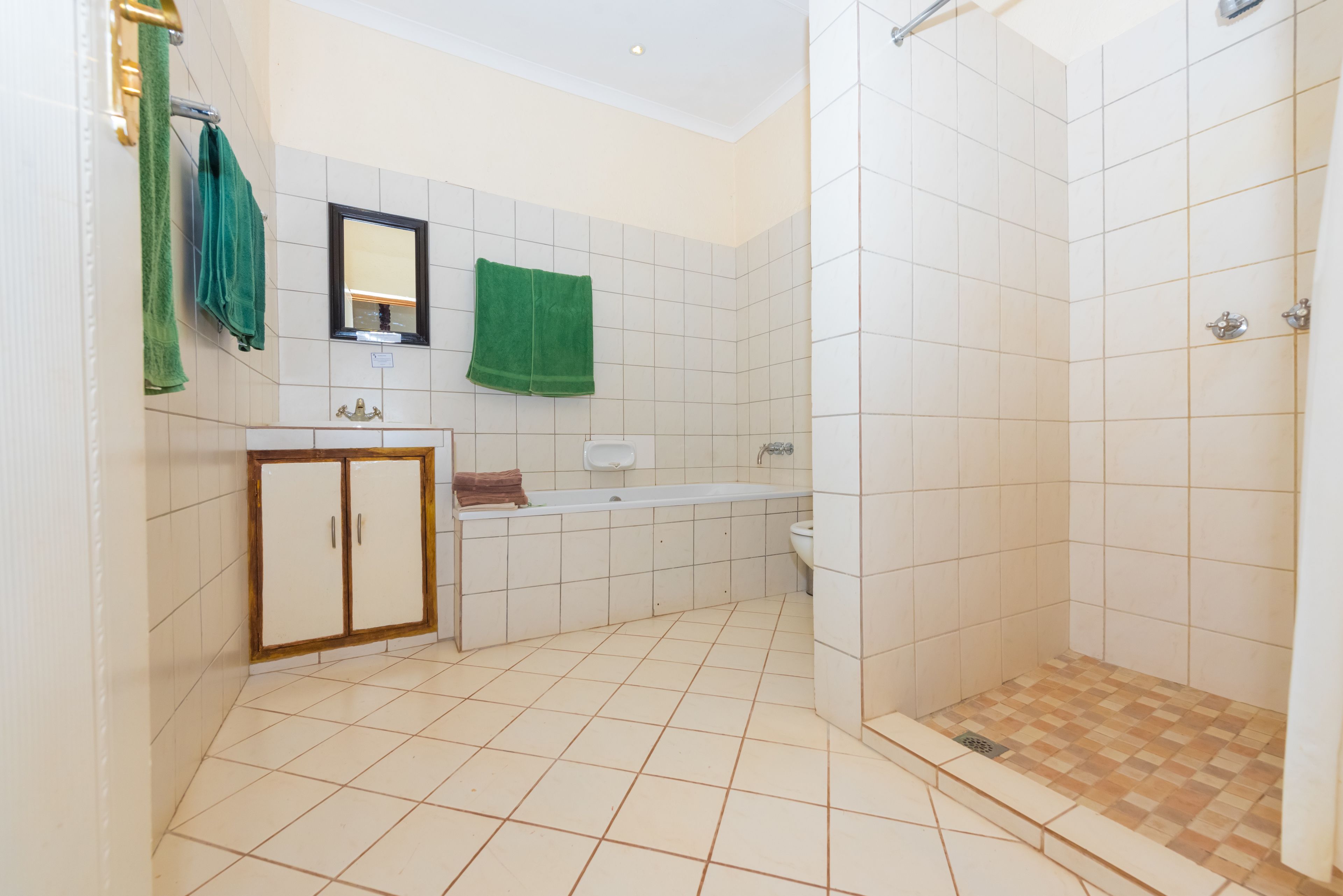 A bathroom with a bathtub, toilet, and walk-in shower.