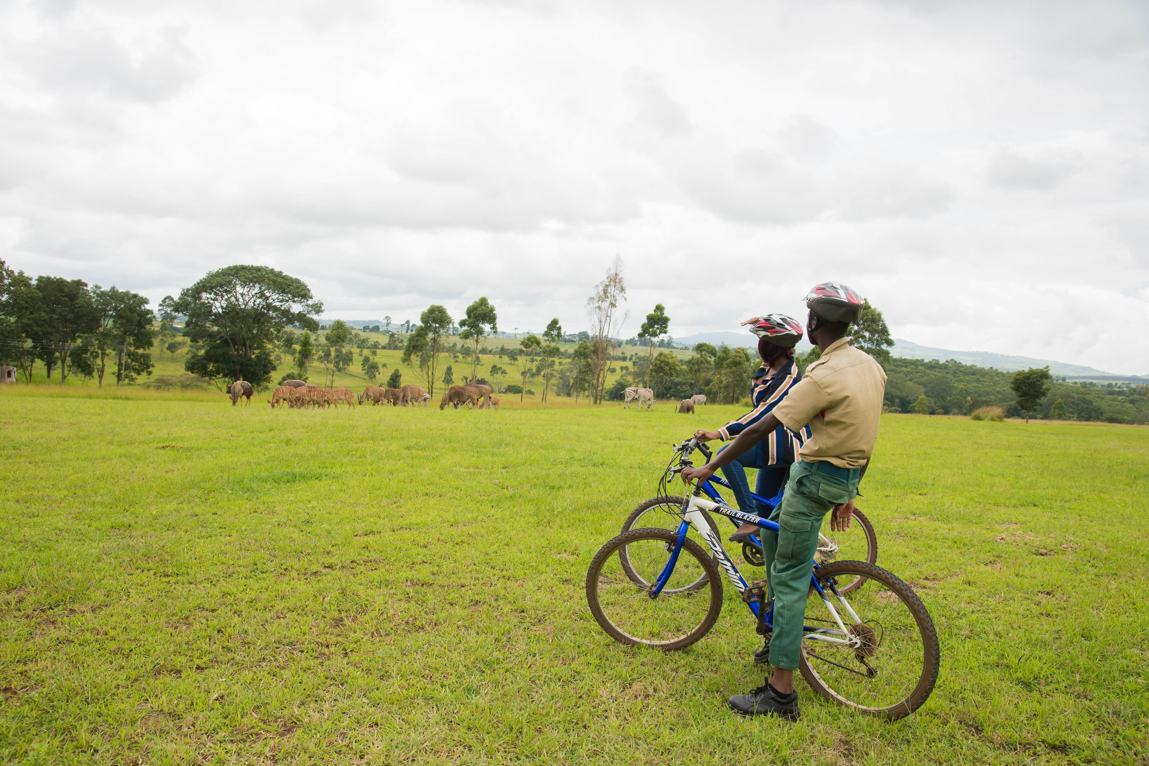A wide-open grassy field with a bicycle and two people standing.