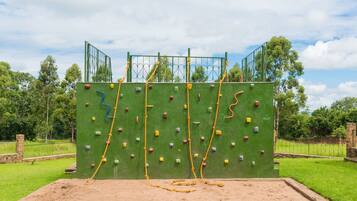 A rock climbing wall with various colored holds and a rope.