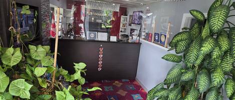 Uma área de recepção com carpete estampado, plantas em vasos, um balcão de recepção e um candelabro.