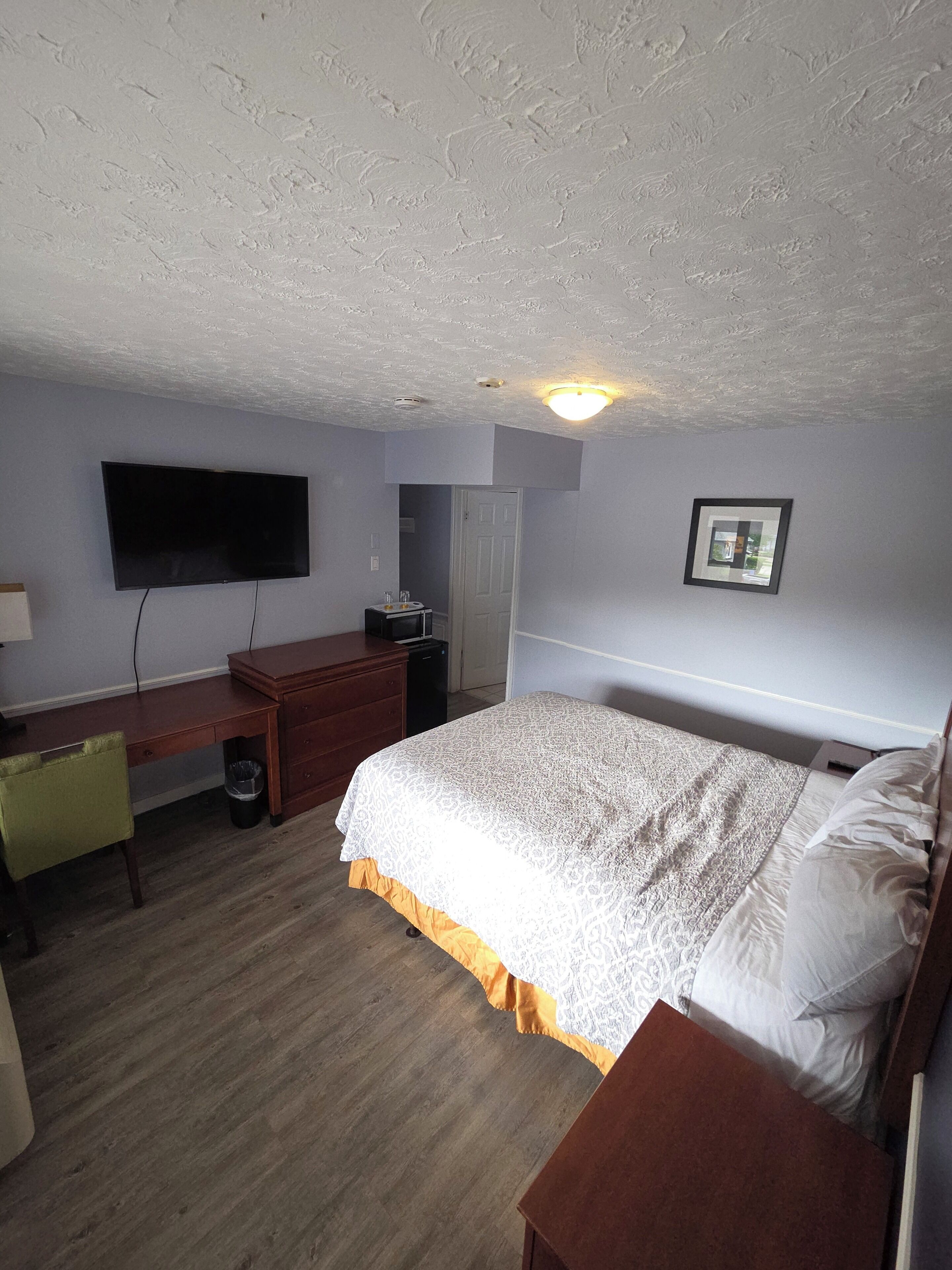 Une chambre à coucher avec un lit, un bureau, une chaise, un téléviseur et un tableau encadré au mur.