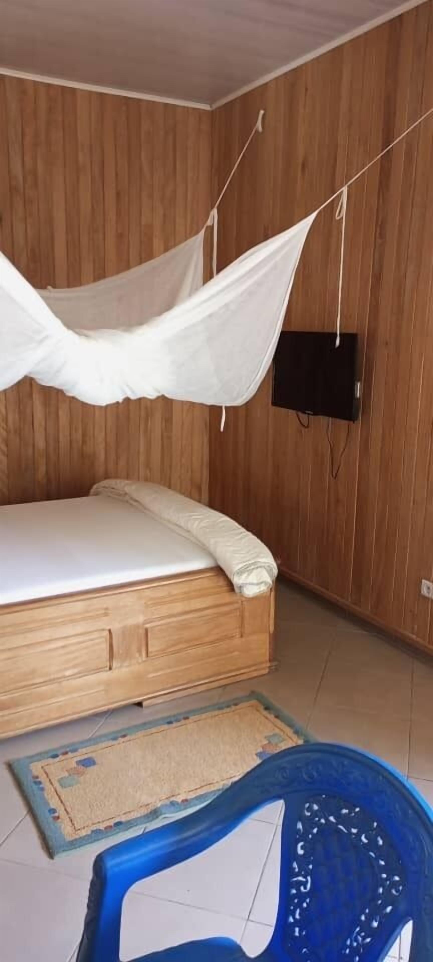 Een slaapkamer met een houten bed, een klamboe, een televisie aan de muur en een blauwe stoel.