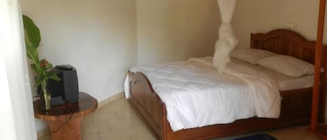 A bedroom with a wooden bed, a bedside table with a plant, a blue rug, and an air conditioning unit on the wall.